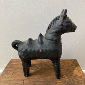 vintage mid century terracotta and black horse, dala style, bitossi style